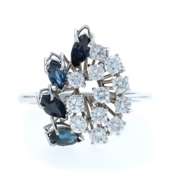 White Gold Diamond Sapphire Vintage Cluster Cocktail Ring 18k Rd 1.86ctw Floral - Picture 1 of 6